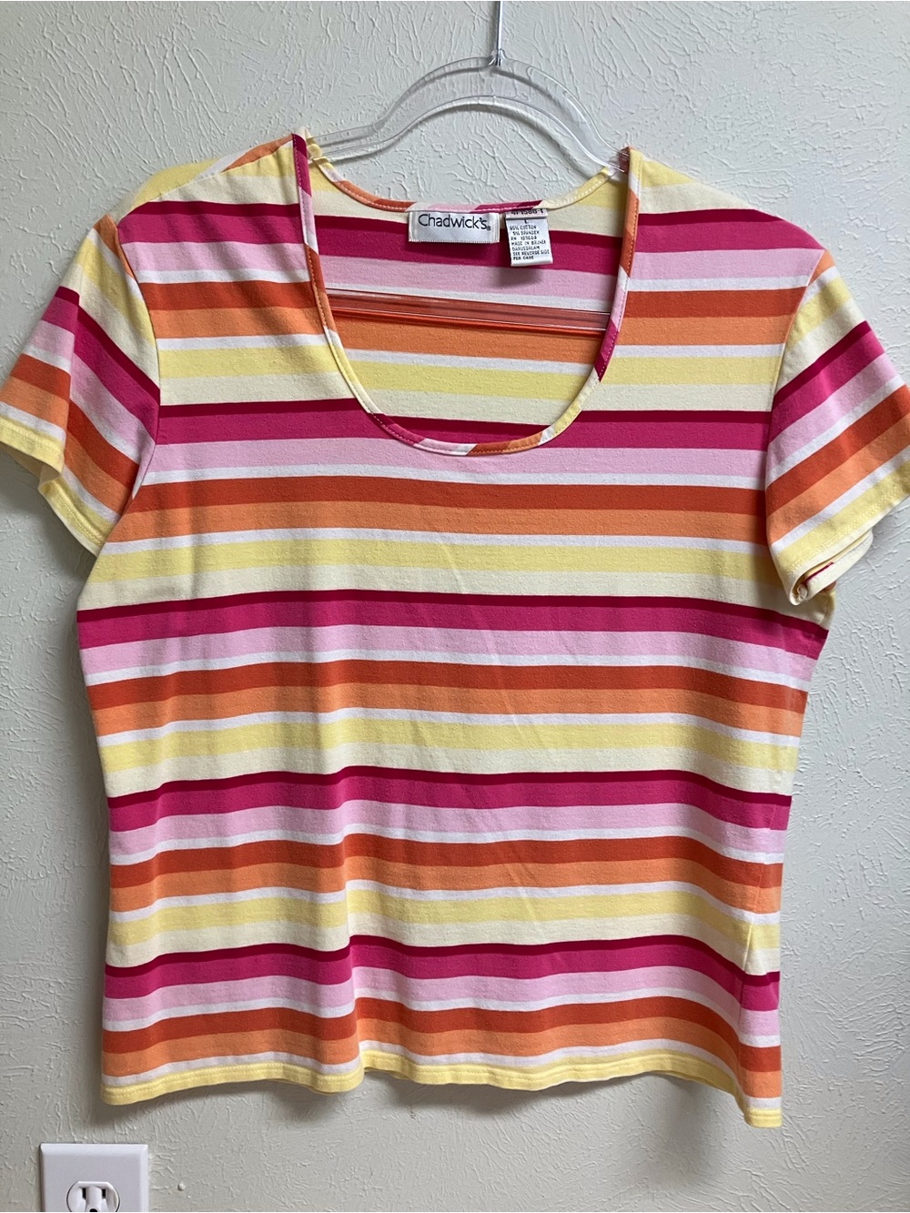 Chadwicks Pink Orange Yellow Striped Scoop Neck Tee